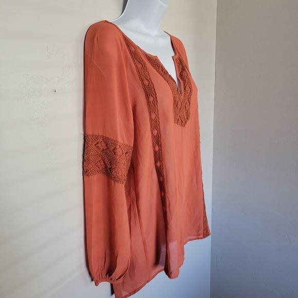 BKE Red Small Orange Long Sleeve Blouse V-neck Chiffon Sheer Boho Bohemian - Picture 3 of 6
